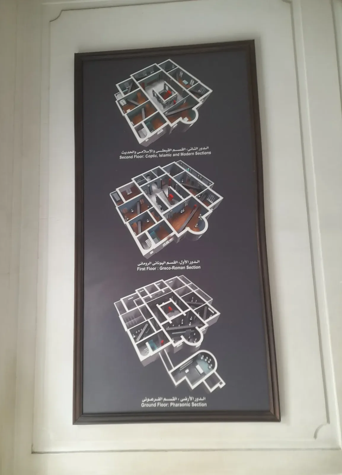 A framed floor-plan diagram showing the museum's Pharaonic, Greco-Roman, and Coptic and Islamic exhibit sections.