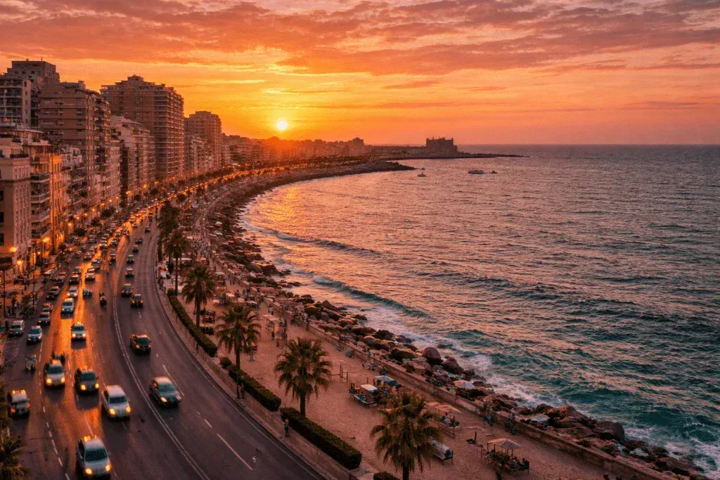 An aerial view of Alexandria's curved corniche road and beach lit by an orange sunset over the sea.