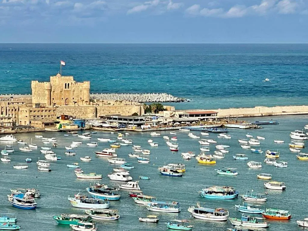Elevated view of Alexandria's Eastern Harbour packed with fishing boats