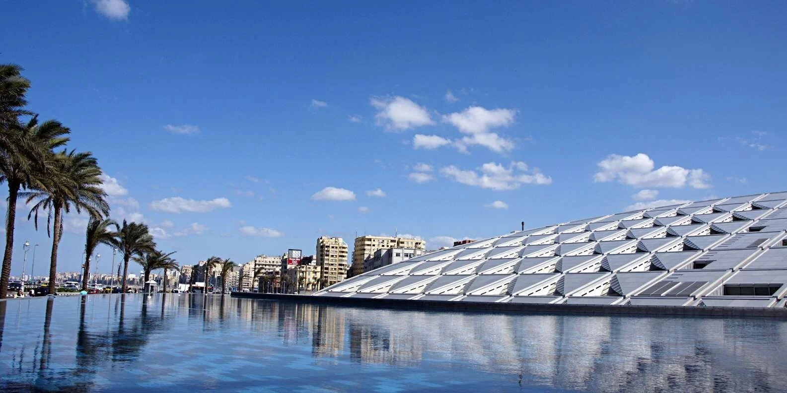 The Bibliotheca Alexandrina's curved granite exterior wall, engraved with characters from world scripts, lit up at dusk.