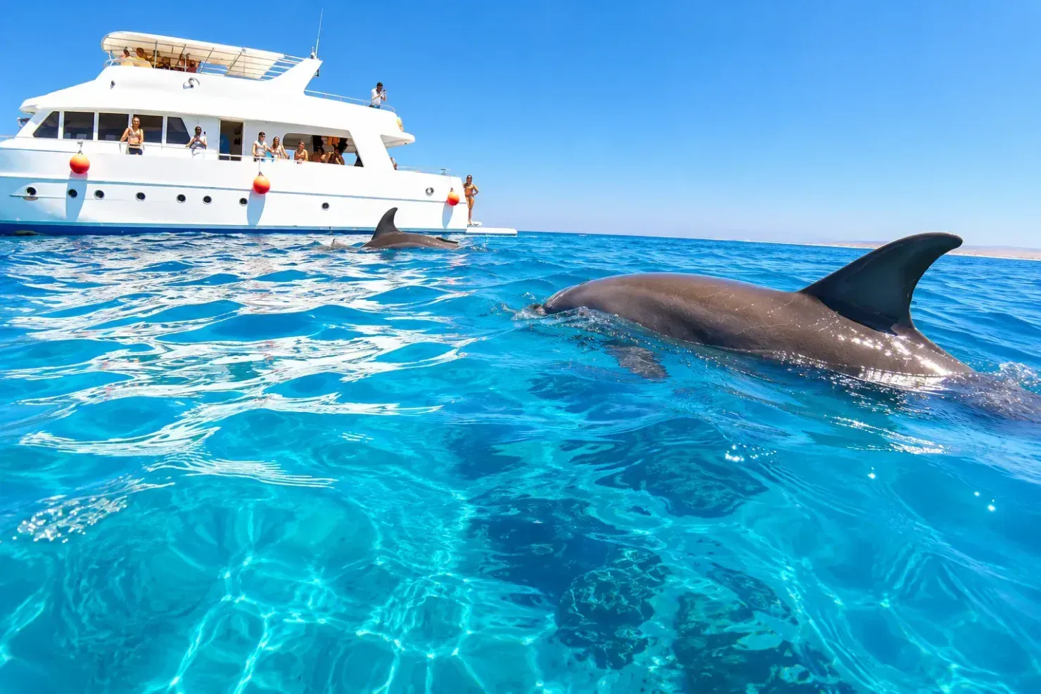 Close-up of a dolphin's dorsal fin breaking the surface with an anchored yacht in the background.