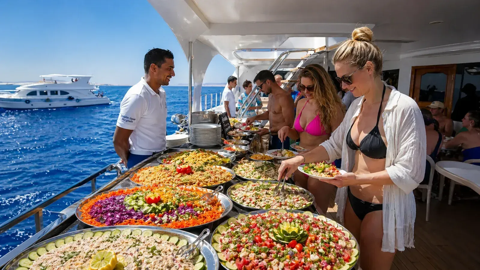 Convives en maillot se servant à un long buffet de salades sur le pont du bateau