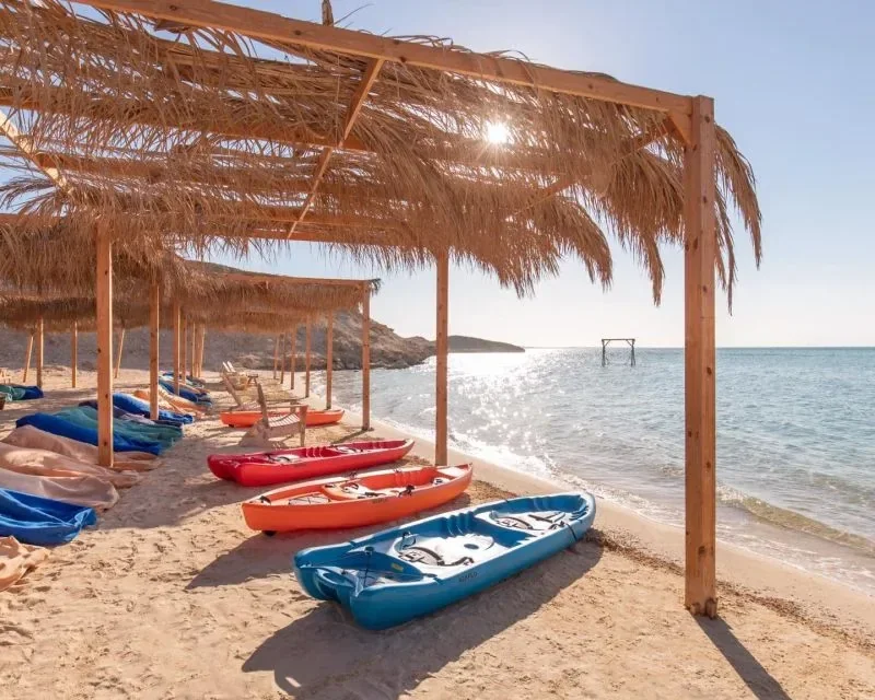 Rows of colorful kayaks lined up under a straw-roofed shelter on the beach, with sunlight glinting off the sea beyond.