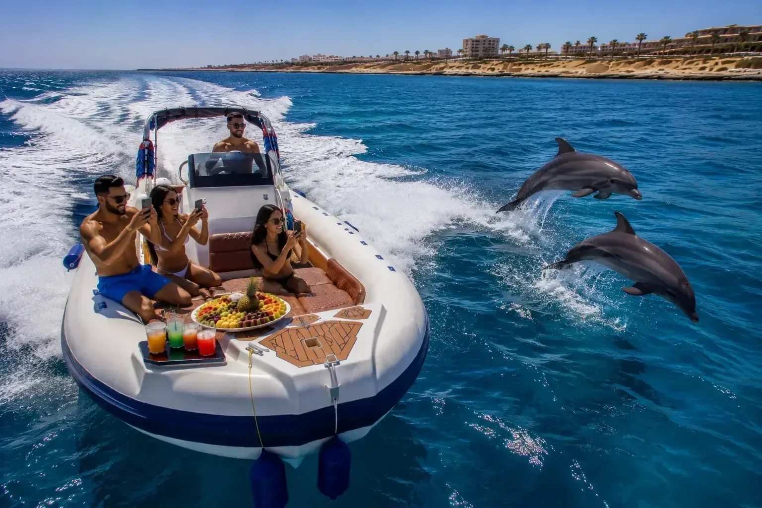 Passagers d'un hors-bord montrant avec excitation deux dauphins bondissant à côté du bateau, rivage de Hurghada au loin