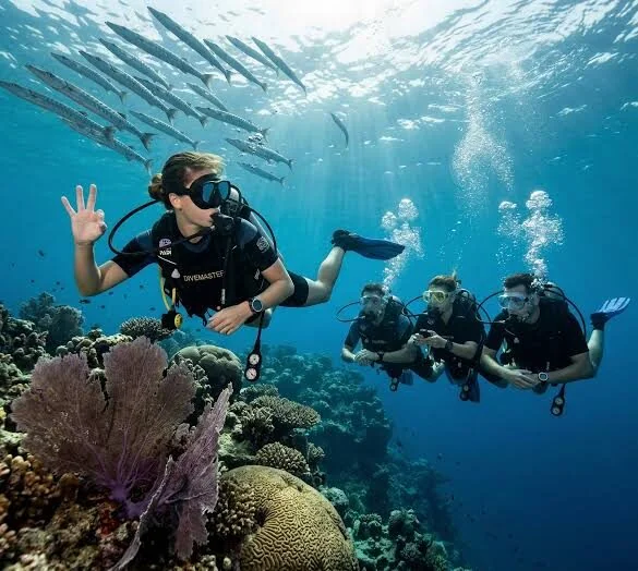 Divemaster trainee giving an OK sign near a school of barracuda above a coral reef with a purple soft coral fan