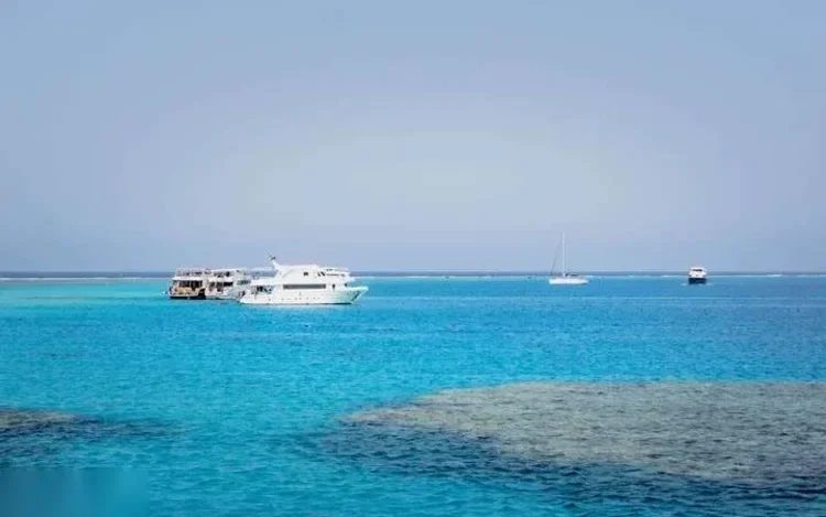 Enkele excursieboten en een zeilboot voor anker boven een ondiep turquoise rif