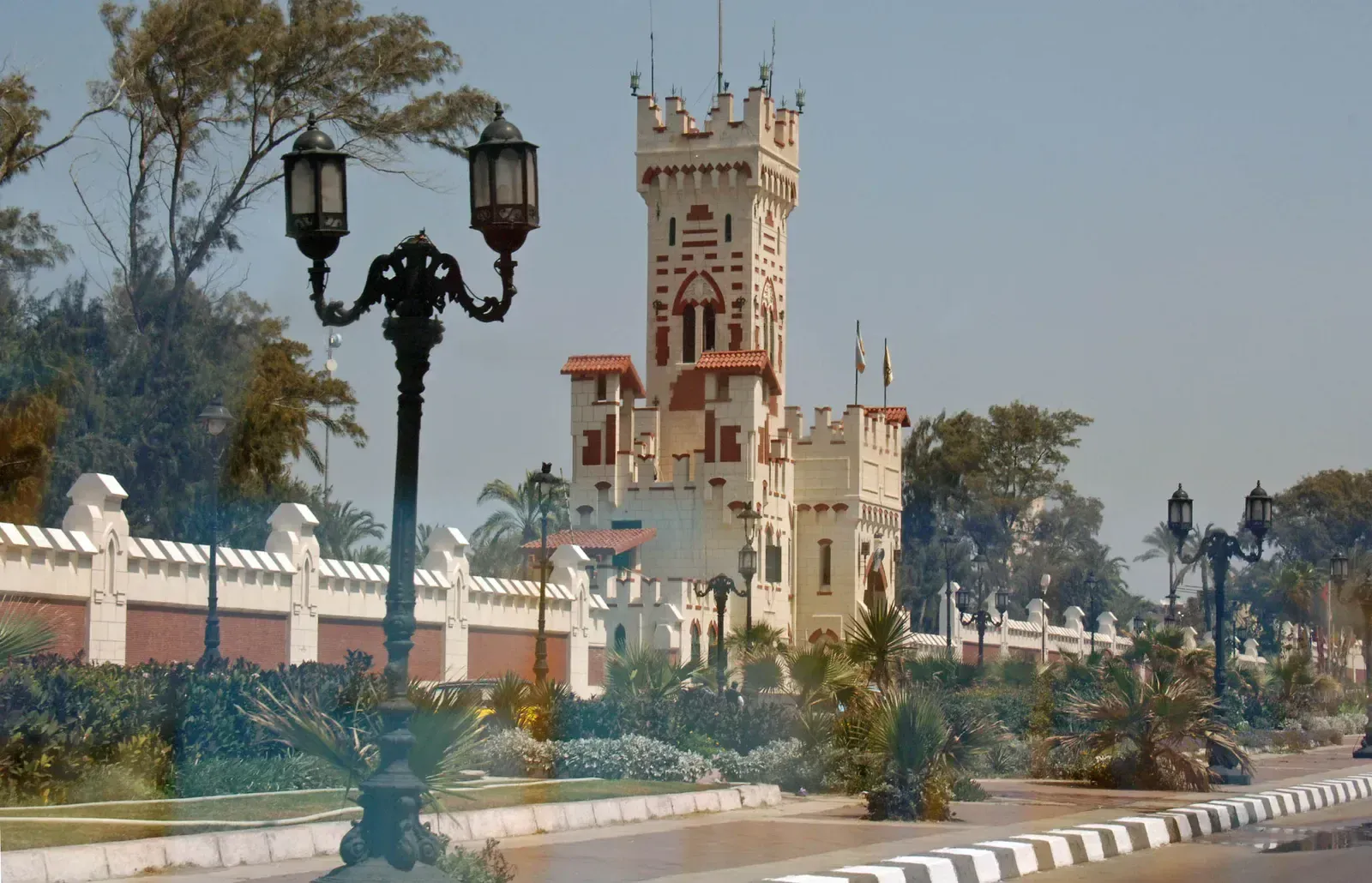 An ornate castle-style tower entrance building of Montaza Palace grounds