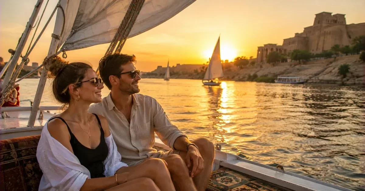 A couple sits on cushions aboard a felucca watching the sunset over the Nile