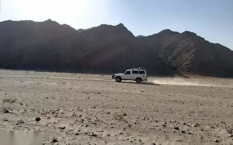 4x4 blanc roulant vite sur une plaine désertique ouverte, soulevant la poussière, montagnes derrière