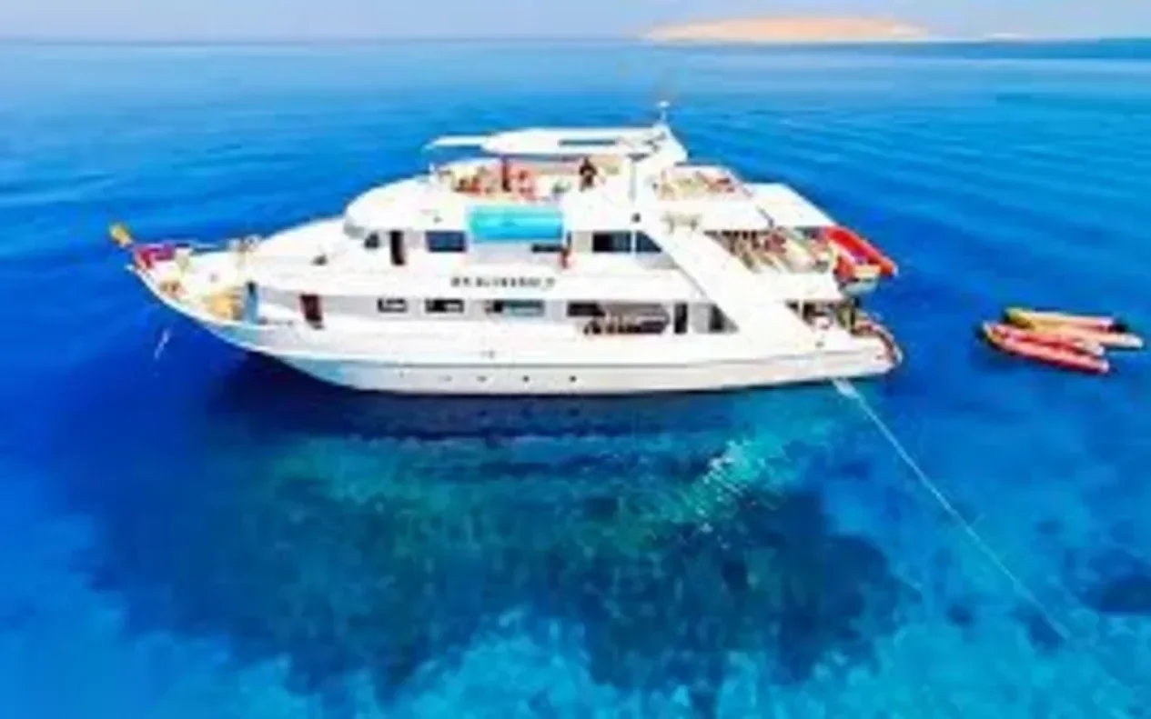 قارب غوص أبيض كبير بثلاثة طوابق راسٍ في مياه زرقاء مفتوحة، مع قوارب إنزال مطاطية ومعدات مخزنة على منصة السباحة