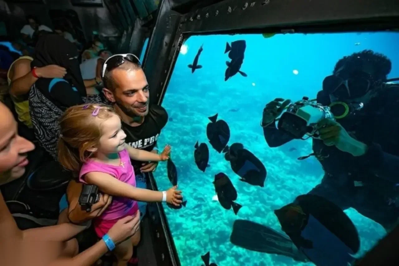 Man holding a smiling toddler in a pink outfit reaching toward the glass as a scuba diver photographs fish outside the window