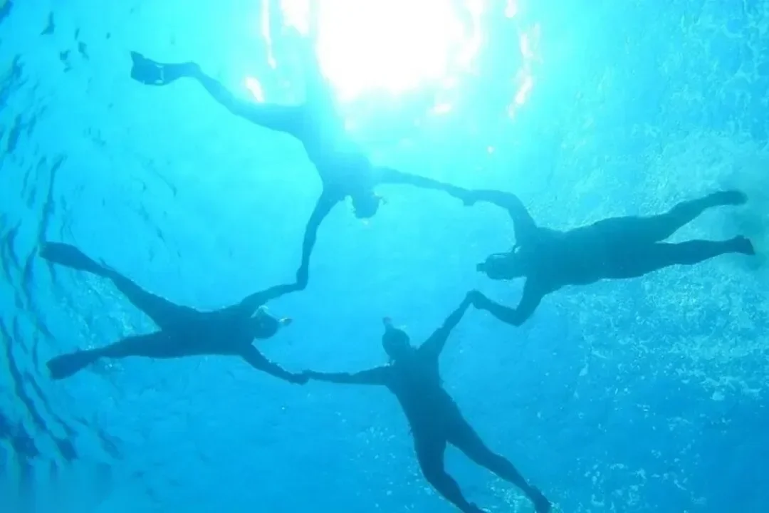 Vue sous-marine en contre-plongée de quatre snorkelers se tenant par la main en cercle, en contre-jour du soleil