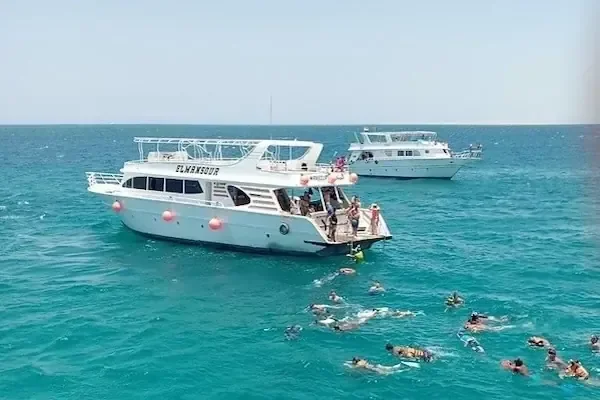 Zwei Motoryachten, darunter Elmansour, ankern im türkisfarbenen Wasser, zwischen ihnen eine große Gruppe Schnorchler