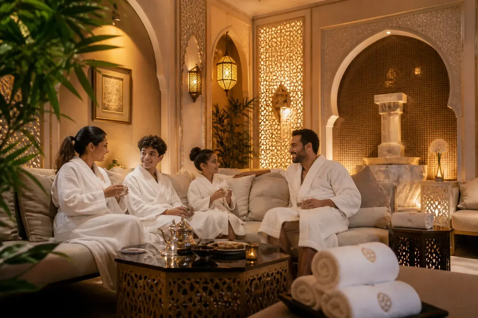 Familie in weißen Bademänteln sitzt auf einem Sofa in einer orientalischen Spa-Lounge mit Bögen, Laternen und Marmorbrunnen